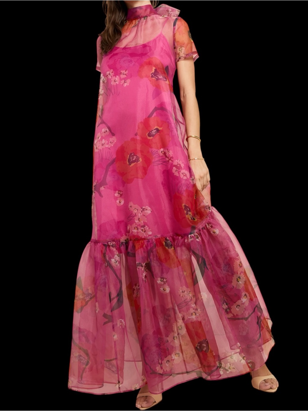Few Moda Caara Melody Dress Pink Poppy Organza Sheer Ruffle Overlay NWT